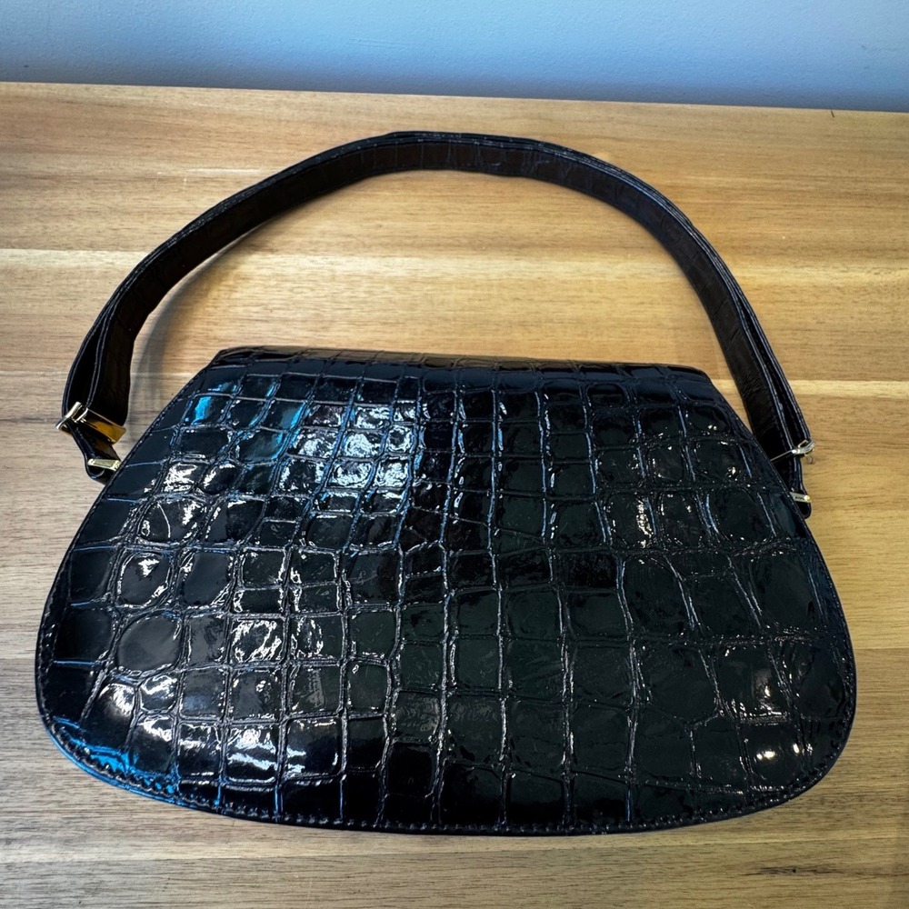 Ashneil Vintage Black Croc Embossed Patent Leather Crossbody Bag Gold Heart Lock - Picture 4 of 16